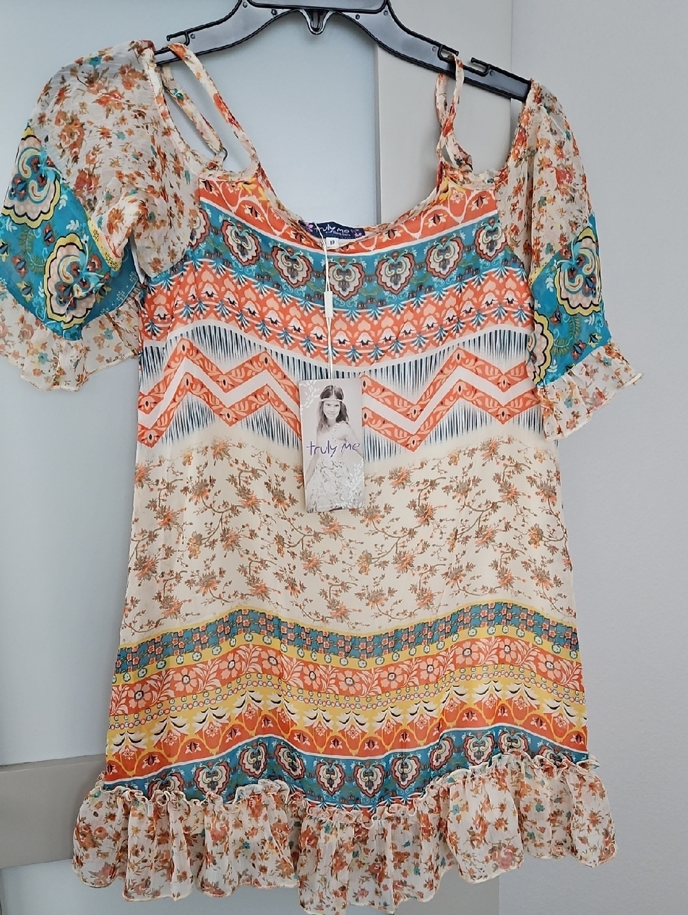 Truly Me Cream Orange Teal Multicolor Boho Cold-Shoulder Dress